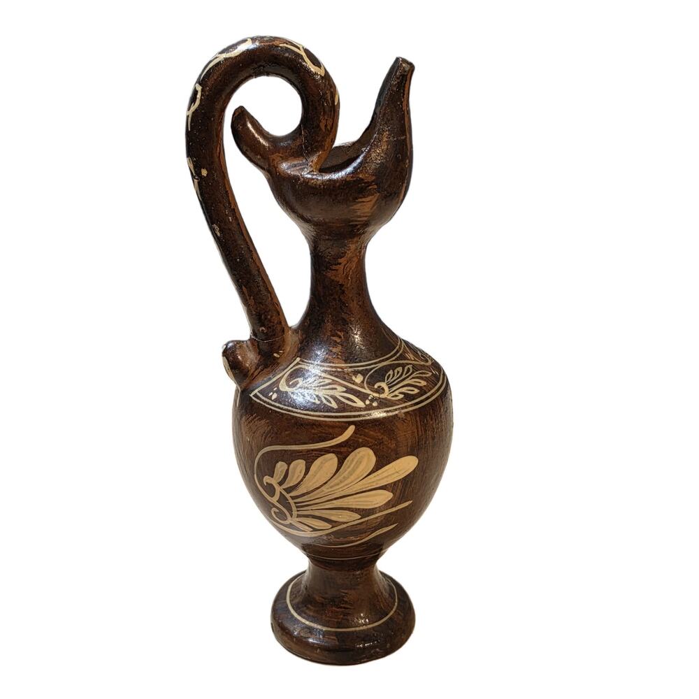 Vintage Hand Carved Wooden Ewer Grecian Miniature Pitcher Mediterranean